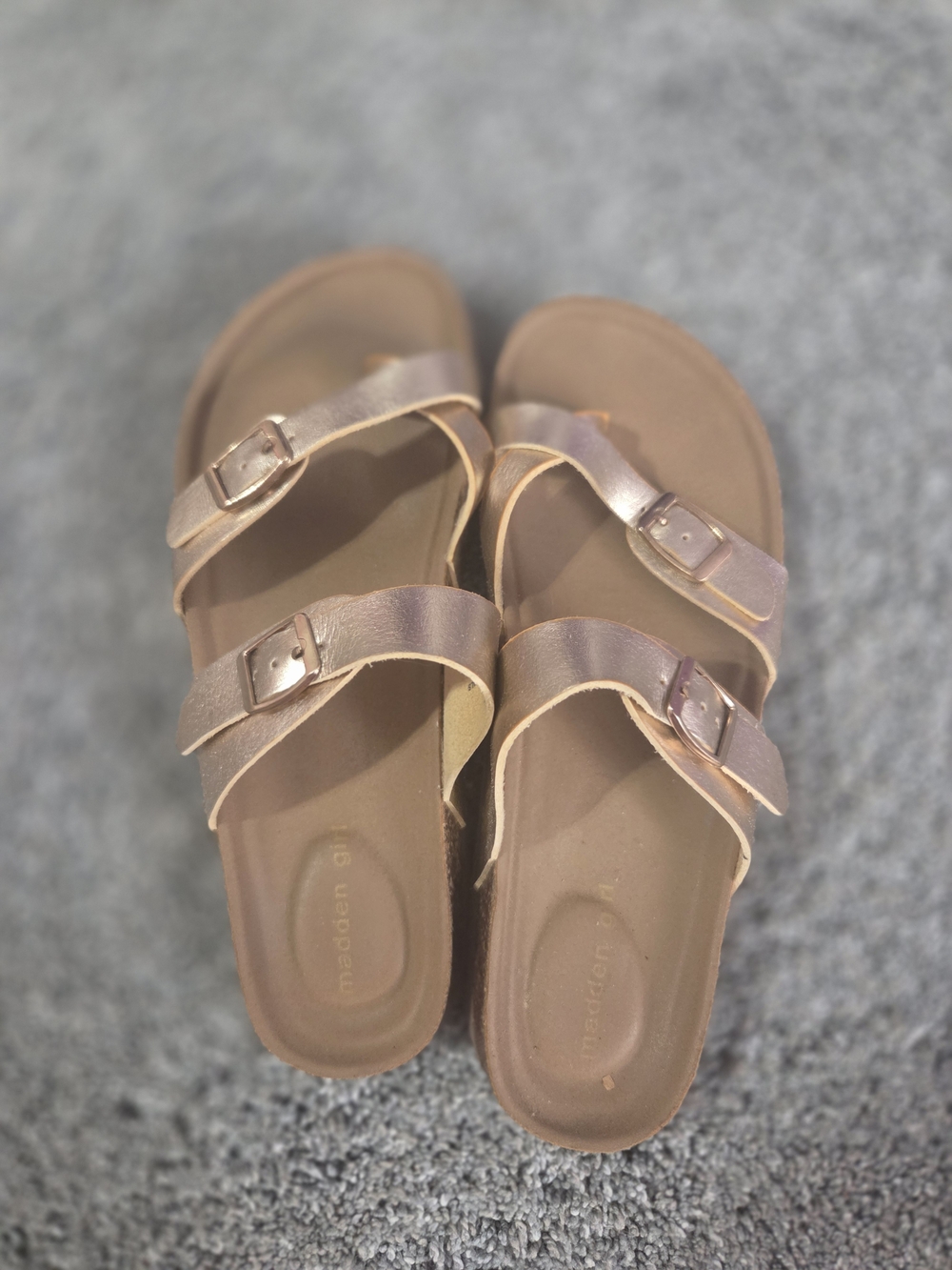 Madden Girl Rose Gold Double-Strap Buckle Slide Sandals